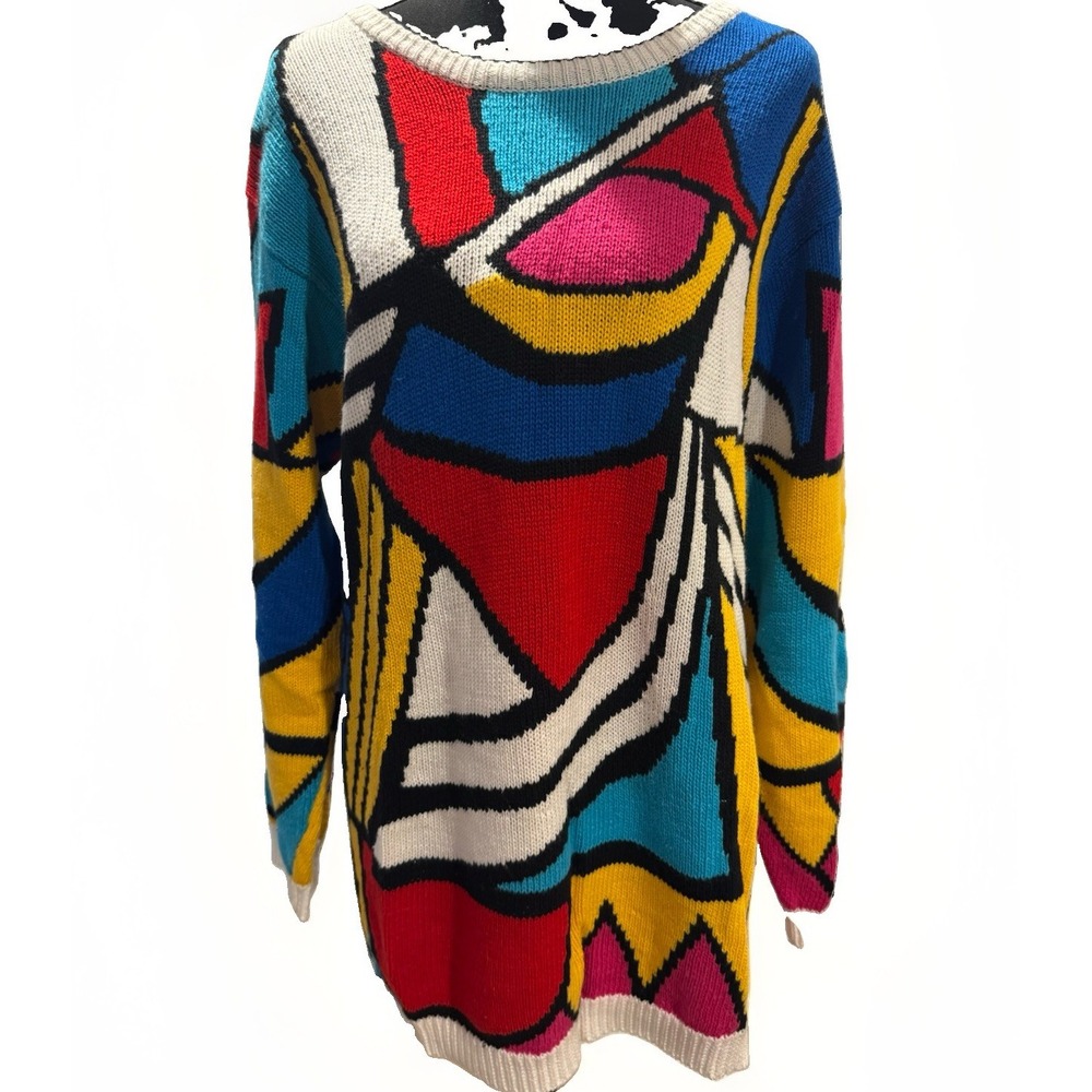 Vintage Multicolor Abstract Knit Crew Neck Oversized Pullover Sweater M Artsy